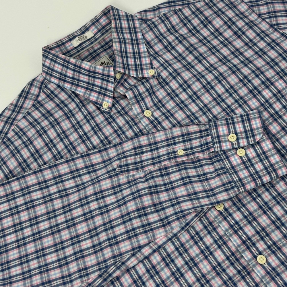 Peter Millar Button Down Shirt Mens Large Blue Pink Plaid Long Sleeve‎